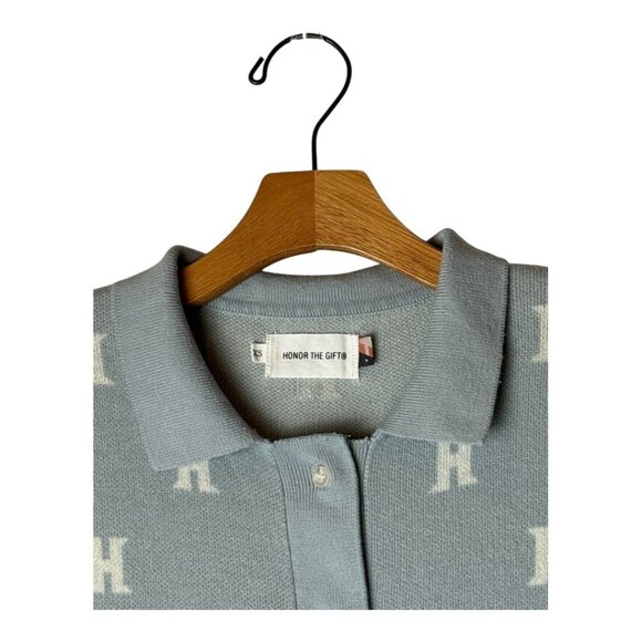 Honor The Gift Sweater Women XS Blue Gray Knit Monogram Short Sleeve Polo Preppy - Picture 4 of 12